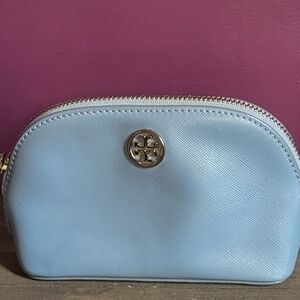 Tory Burch EUC Robinson Metallic Blue Cosmetic Pouch